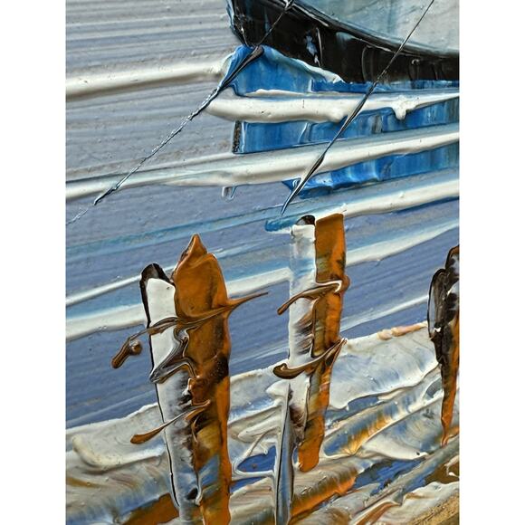 Framed Oil Painting Nautical Boats Impasto Framed Unsigned Docks Mooring Sea Sky - Picture 13 of 16